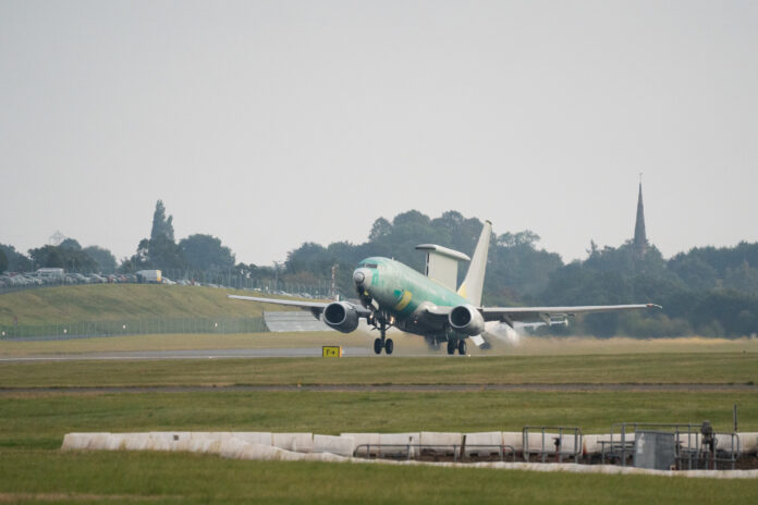 The UK E-7 Wedgetail takes flight for the first time. Three 737 NG aircraft are currently on British soil undergoing modification in Birmingham. Photo: Boeing